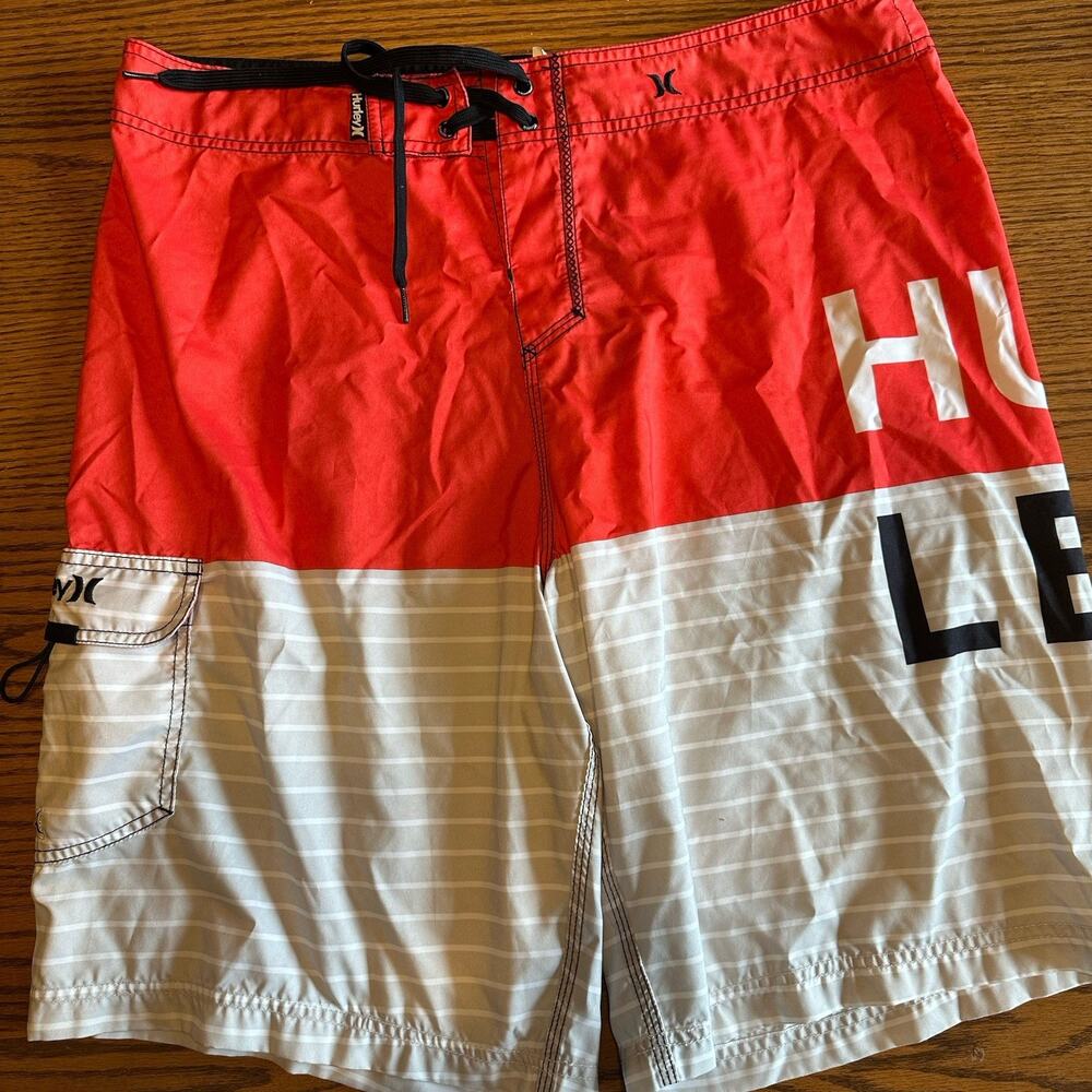 Hurley Mens Board Shorts Size 34‎ Red Gray Colorblock Swim Surf Trunks 21"